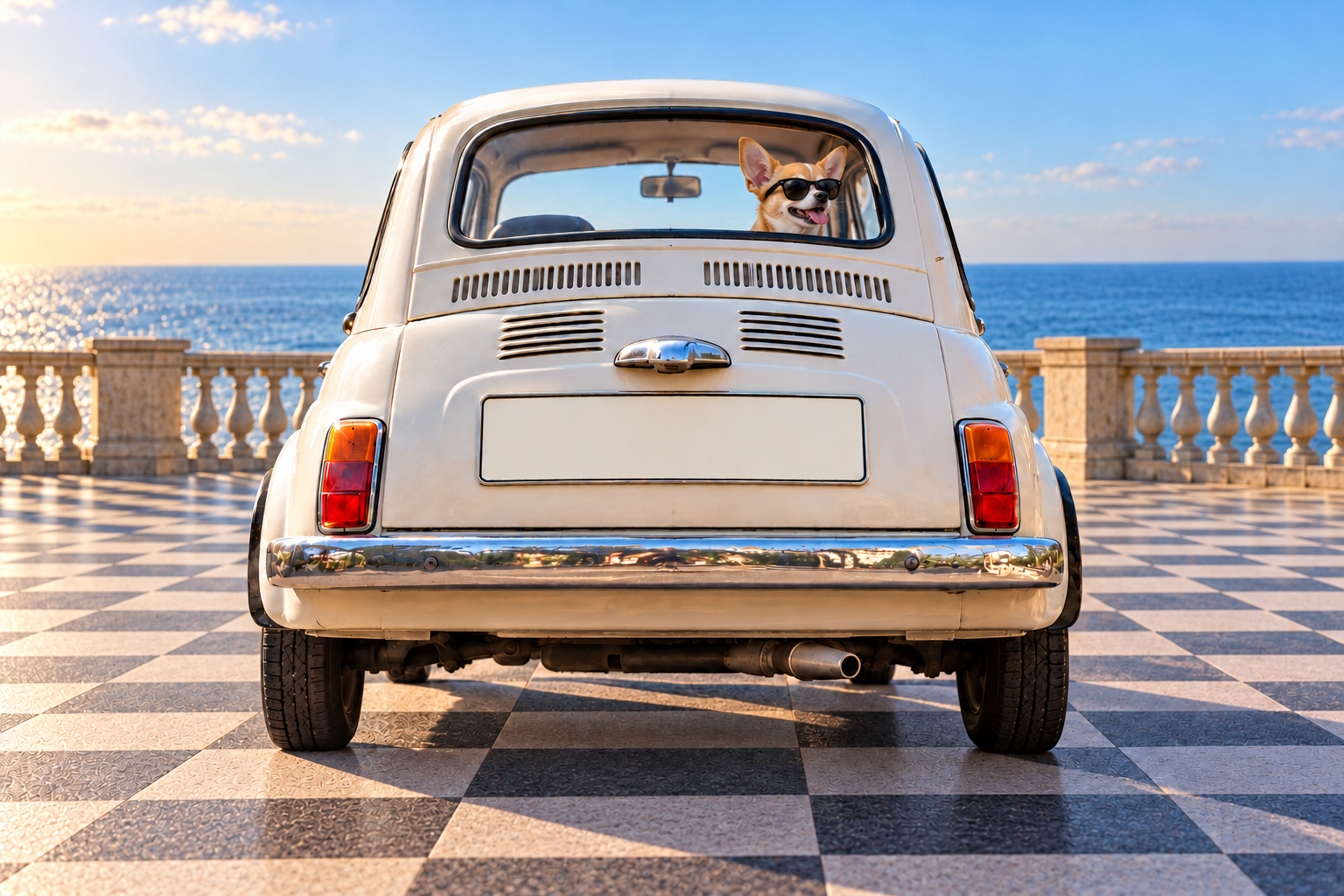 Una piccola auto italiana color crema, vista da dietro, alla Terrazza Mascagni di Livorno, tra pavimento a scacchi e mare aperto. Dal lunotto un chihuahua con gli occhiali da sole ci osserva.